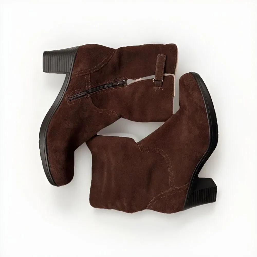 Clarks Bendables Womens Brown Suede Faux Fur Block Heel Ankle Boots Size 8.5 M